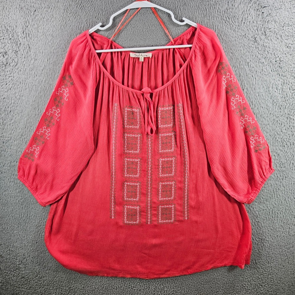 Solitaire Womens 2X Coral Red Embroidered Peasant Blouse Boho Rayon Top